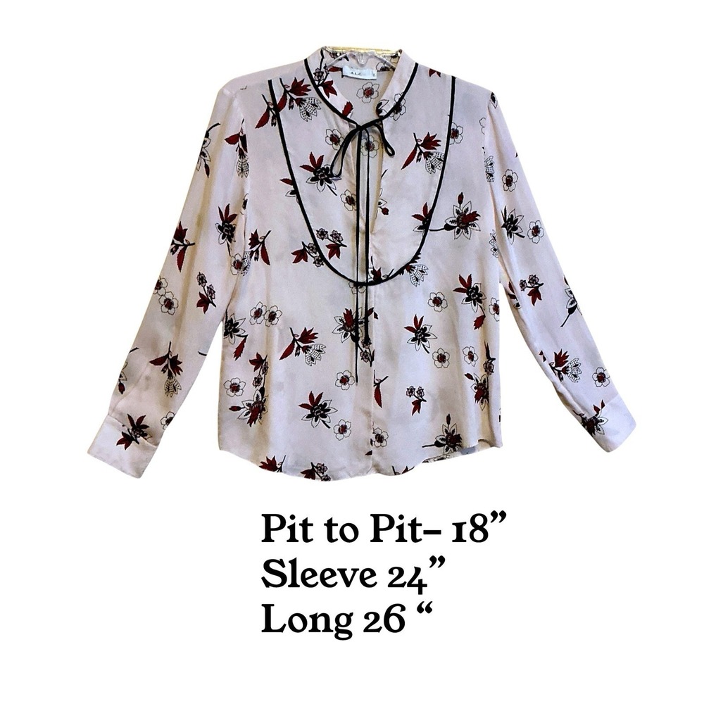 A.L.C. 100% Silk Floral Blouse Size 4 Cream Tie Neck Mandarin Collar Top - Picture 7 of 8